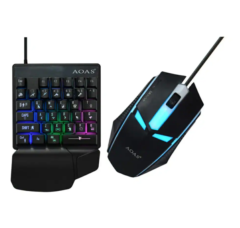 Juego de teclado alámbrico usb aoas one-handed con luz rgb y mouse gamer