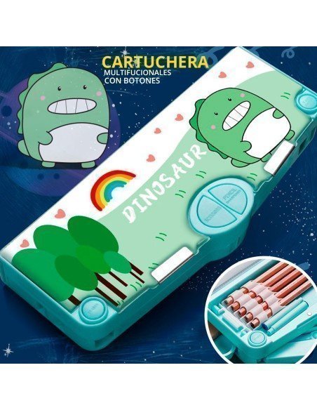 Cartuchera Dinosaurio Verde con Varios Compartimentos Tijeras, Goma, Sacapuntas Despachador de Cinta-PL-42699