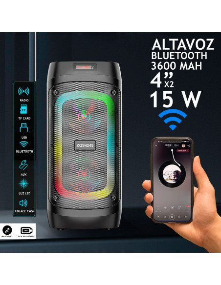 Altavoz Conexión Bluetooth Portátil, con Iluminación LED de 4 pulgadas / 15W 2 Altavoces Cable USB-MINI USB-EL-44676 