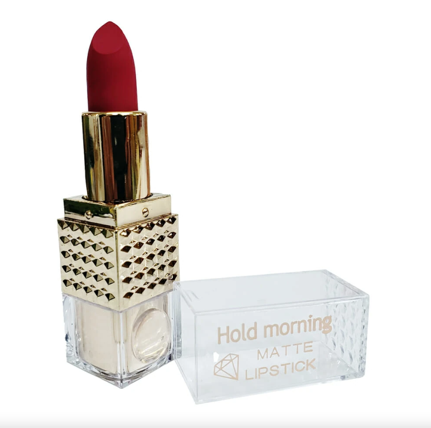 1pza Labial en tono matte con estuche brilloso en dorado con textura, variedad de tonos / hold morning matte lipstick