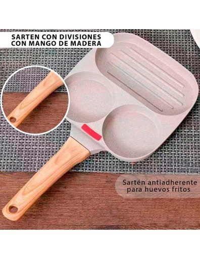 [ST-40381] Sartén Antiadherente para Cocinar con 3 Divisiones Mango de Madera 18x18 cm-ST-40381